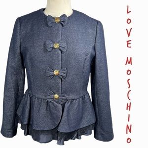 Love Moschino blue denim peplum jacket with bow snap front size 12